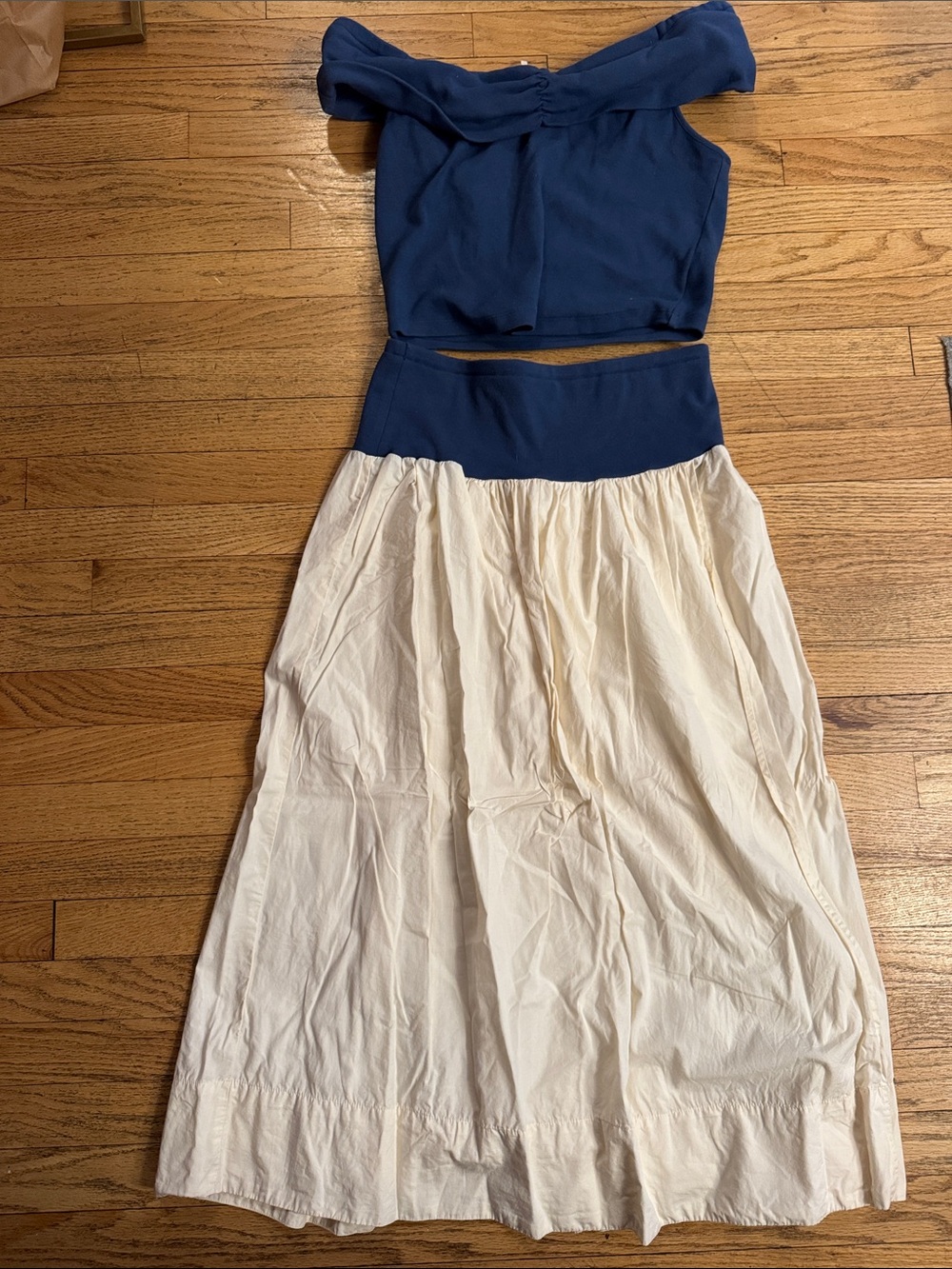 Free People Navy and Cream Two-Tone Maxi Skirt and Off shoulder cropped top